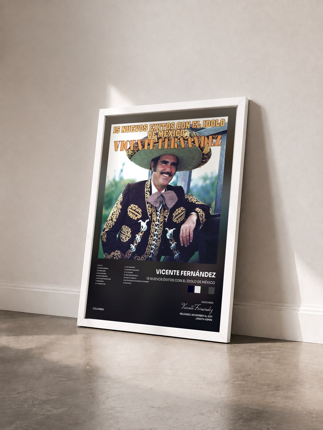 #blanc Tableau de l'album 15 Nuevos Éxitos Con el Ídolo de México de Vicente Fernández vu de trois quarts, cadre blanc