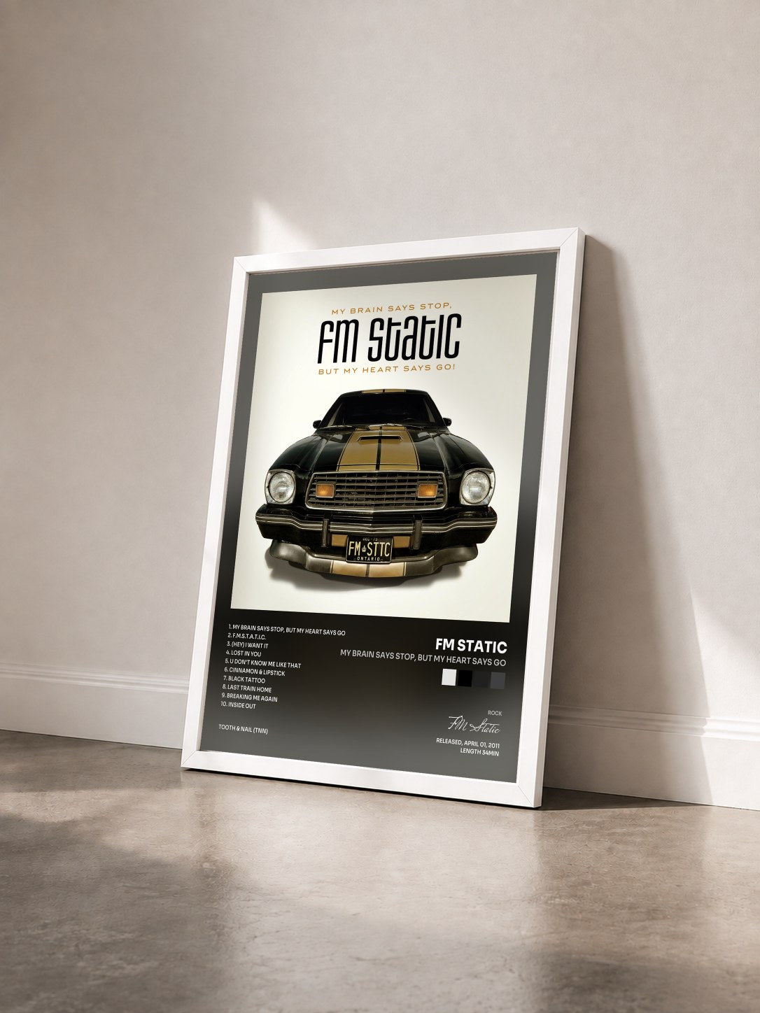 #blanc Tableau de l'album My Brain Says Stop, But My Heart Says Go de FM Static vu de trois quarts, cadre blanc
