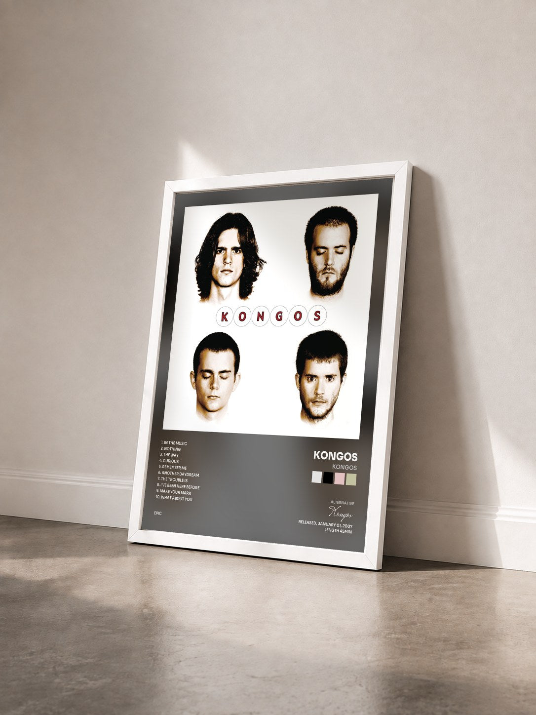 #blanc Tableau de l'album KONGOS de Kongos vu de trois quarts, cadre blanc