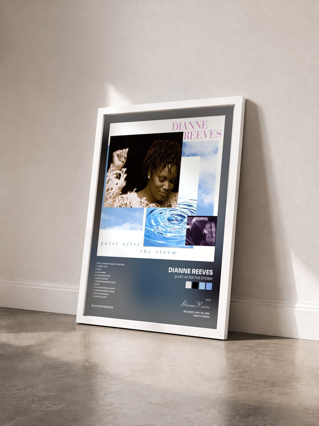 #blanc Tableau de l'album Quiet After The Storm de Dianne Reeves vu de trois quarts, cadre blanc