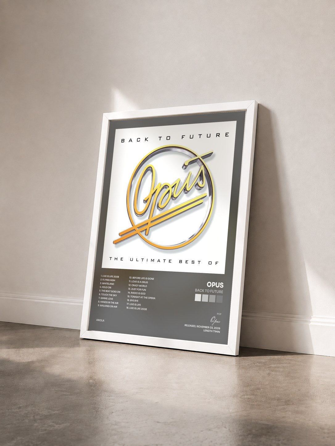 #blanc Tableau de l'album Back to Future de Opus vu de trois quarts, cadre blanc