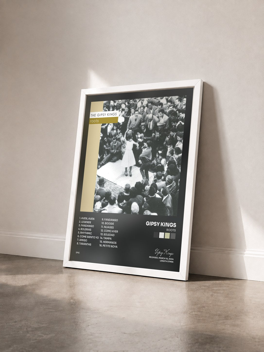 #blanc Tableau de l'album Roots de Gipsy Kings vu de trois quarts, cadre blanc