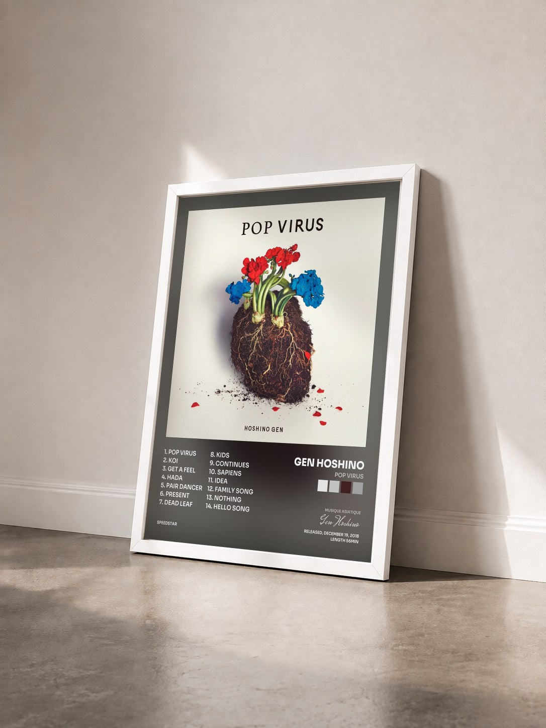 #blanc Tableau de l'album POP VIRUS de Gen Hoshino vu de trois quarts, cadre blanc
