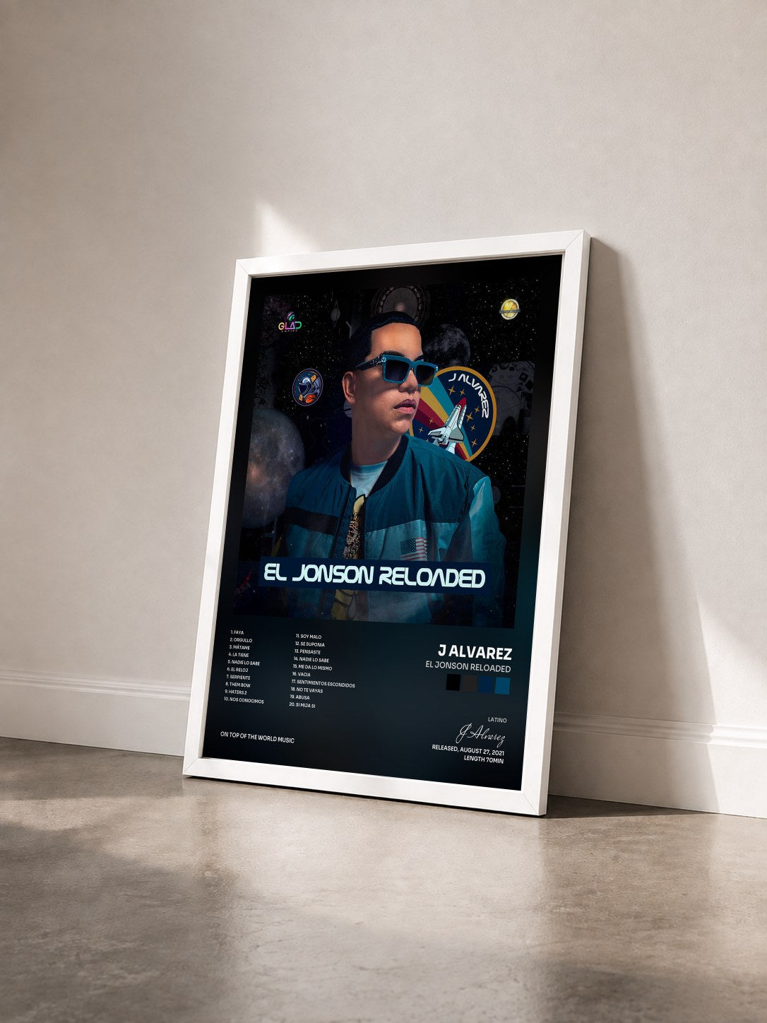 #blanc Tableau de l'album El Jonson Reloaded de J Alvarez vu de trois quarts, cadre blanc