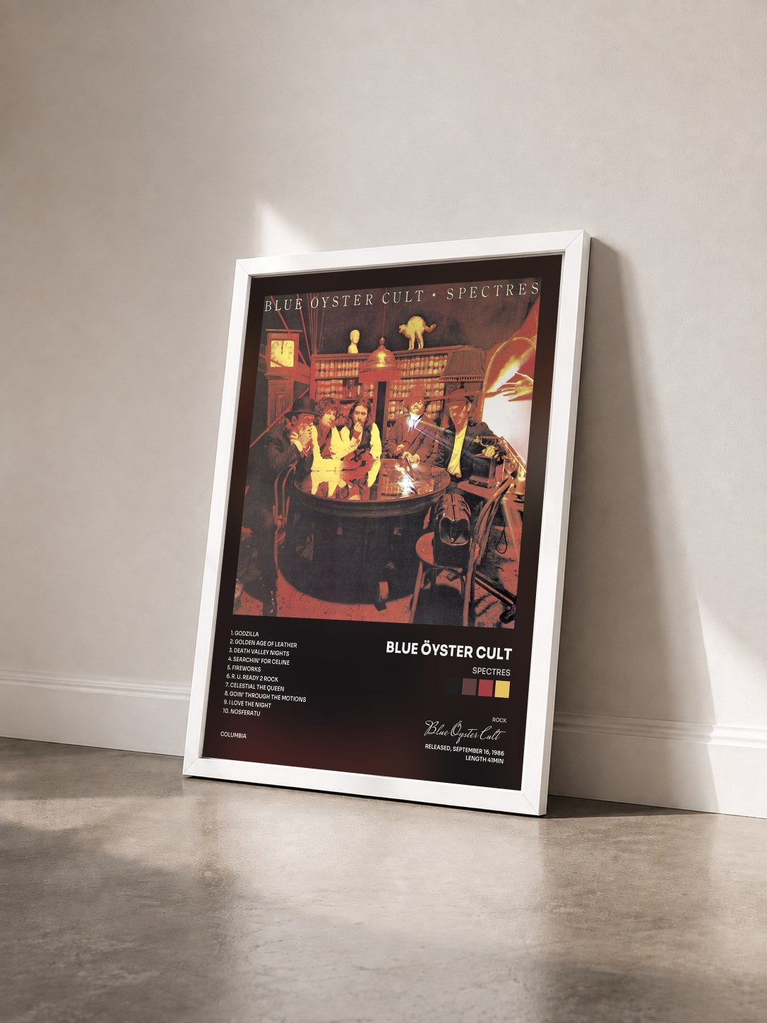 #blanc Tableau de l'album Spectres de Blue Öyster Cult vu de trois quarts, cadre blanc