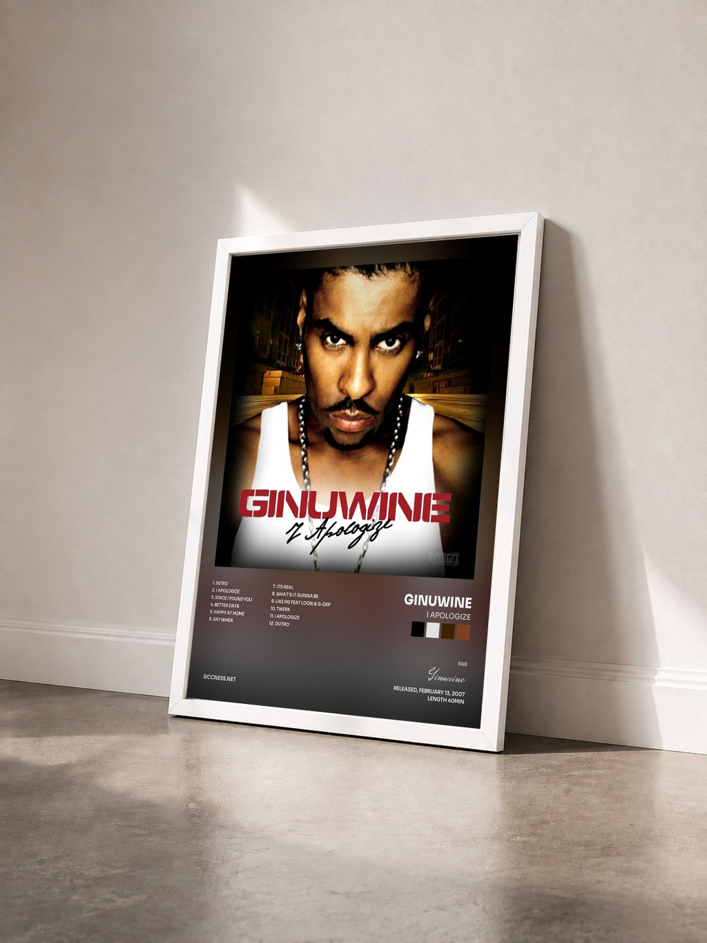 #blanc I Apologize von Ginuwine als gerahmter Kunstdruck von schräg gesehen, weißer Rahmen