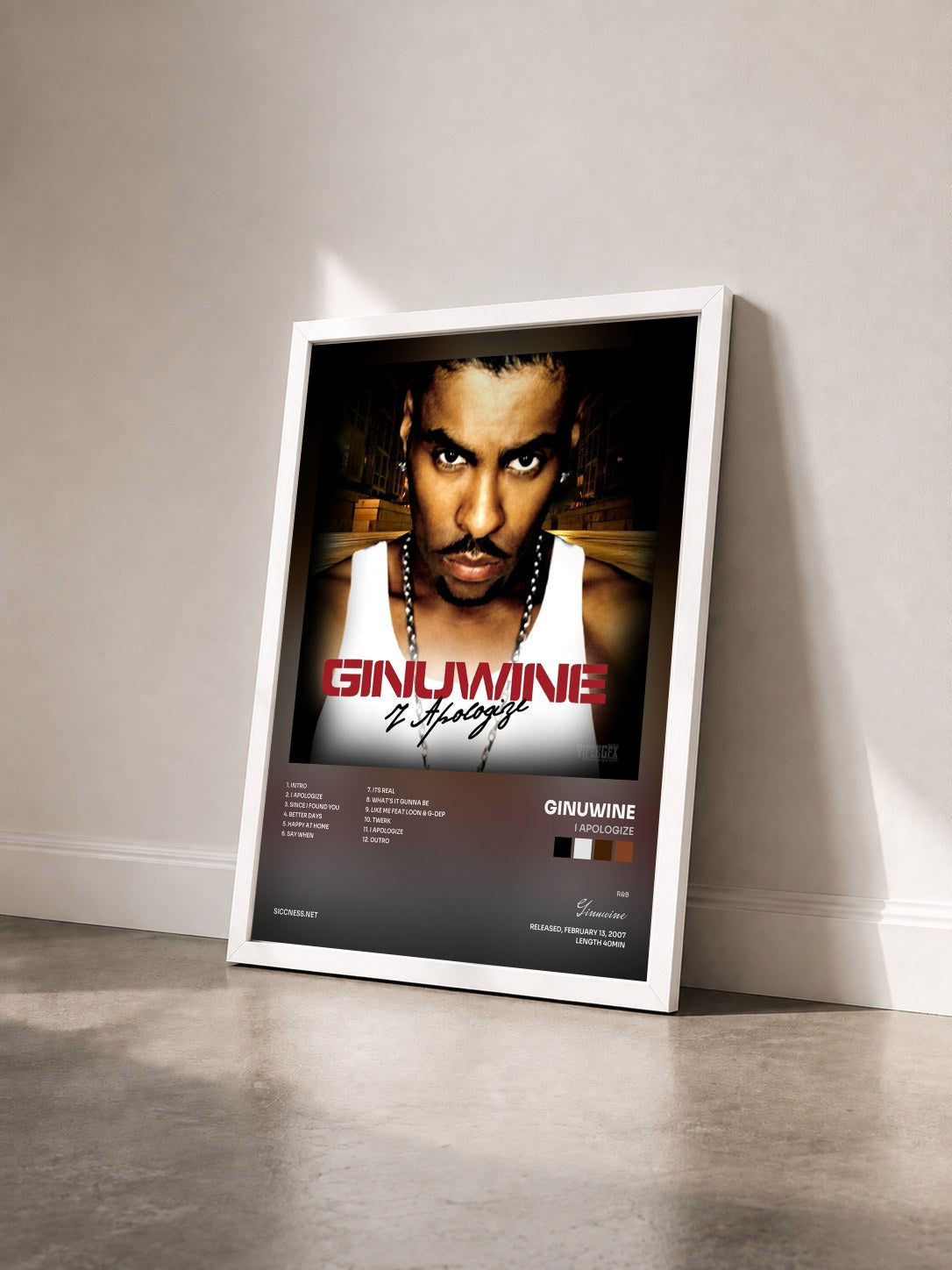 #blanc Tableau de l'album I Apologize de Ginuwine vu de trois quarts, cadre blanc