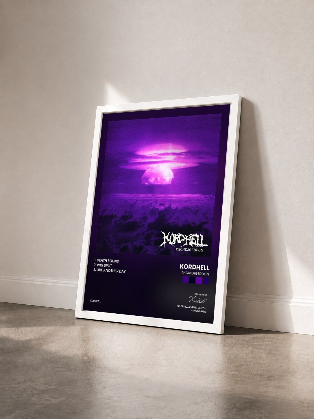 #blanc Tableau de l'album Phonkageddon de Kordhell vu de trois quarts, cadre blanc