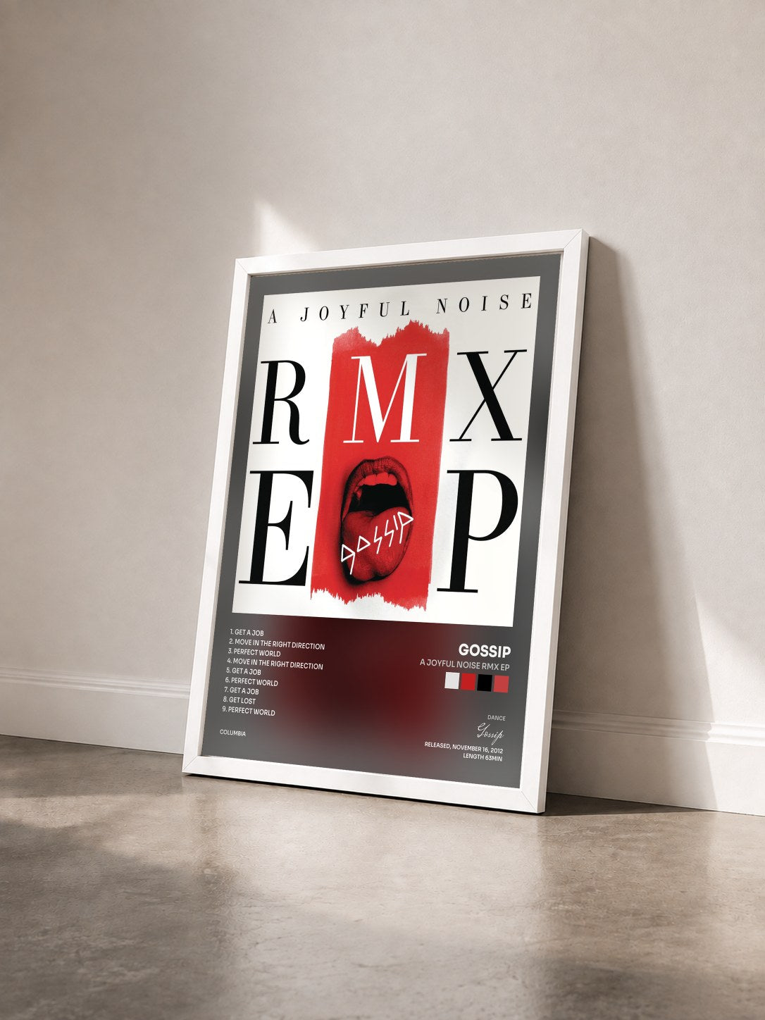 #blanc Tableau de l'album A Joyful Noise RMX EP de Gossip vu de trois quarts, cadre blanc