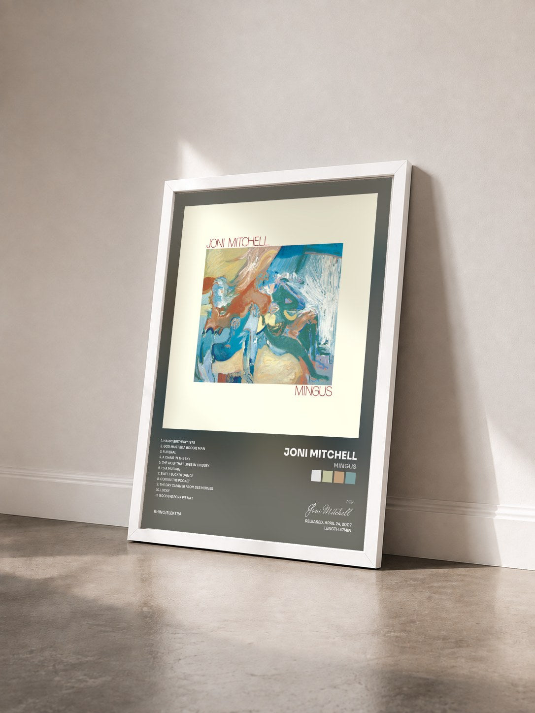 #blanc Tableau de l'album Mingus de Joni Mitchell vu de trois quarts, cadre blanc