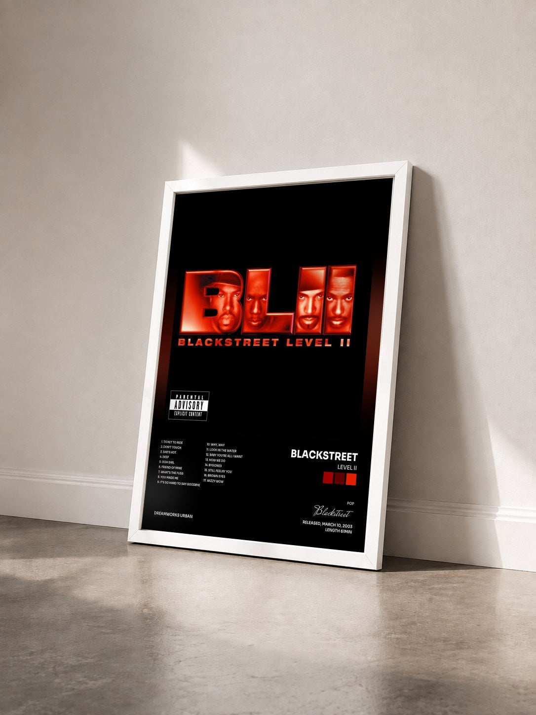 #blanc Tableau de l'album Level II de Blackstreet vu de trois quarts, cadre blanc