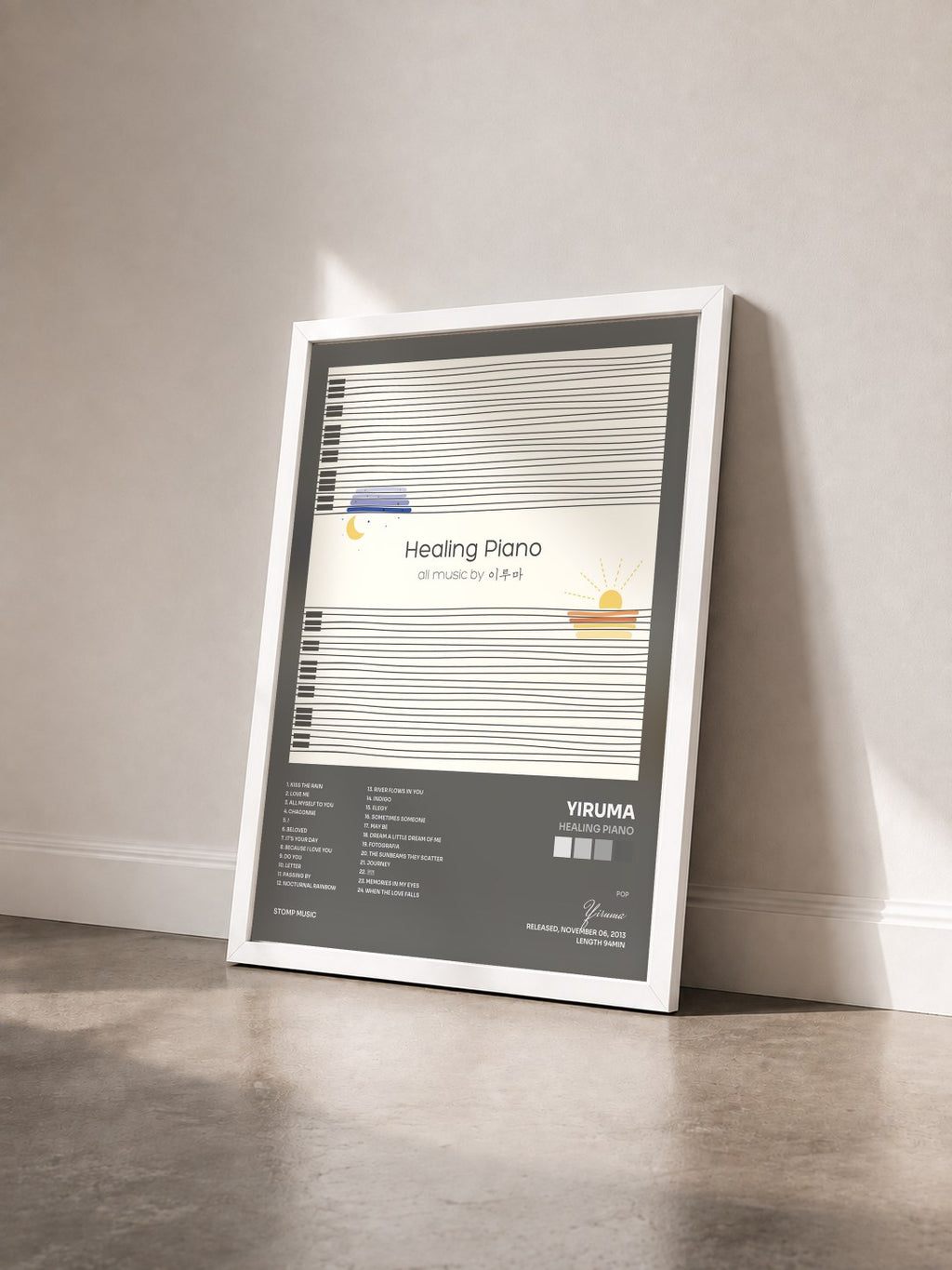 #blanc Tableau de l'album Healing Piano de Yiruma vu de trois quarts, cadre blanc