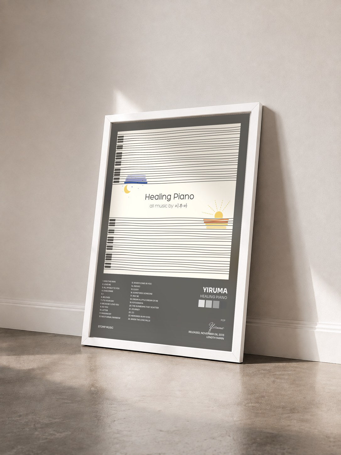 #blanc Tableau de l'album Healing Piano de Yiruma vu de trois quarts, cadre blanc