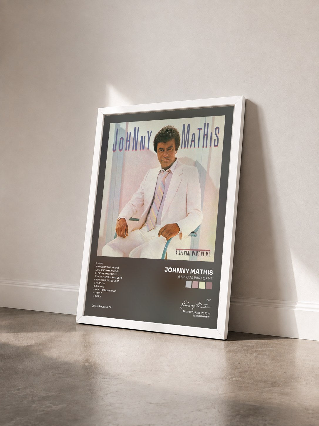 #blanc Tableau de l'album A Special Part of Me de Johnny Mathis vu de trois quarts, cadre blanc