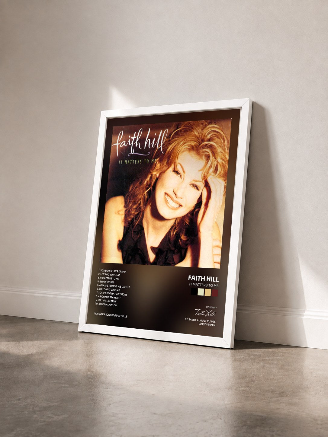 #blanc Tableau de l'album It Matters to Me de Faith Hill vu de trois quarts, cadre blanc