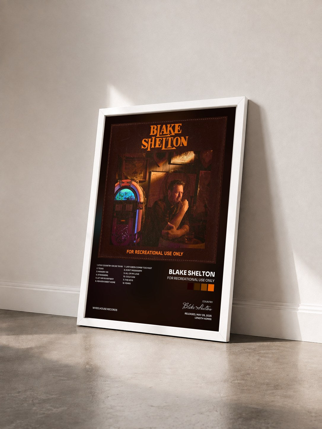 #blanc Tableau de l'album For Recreational Use Only de Blake Shelton vu de trois quarts, cadre blanc