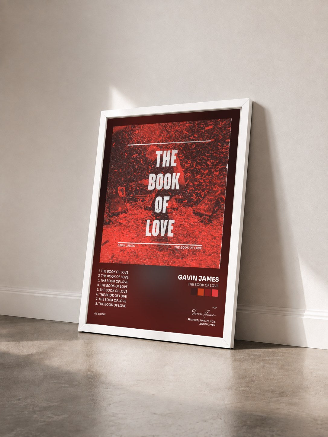 #blanc Tableau de l'album The Book of Love de Gavin James vu de trois quarts, cadre blanc