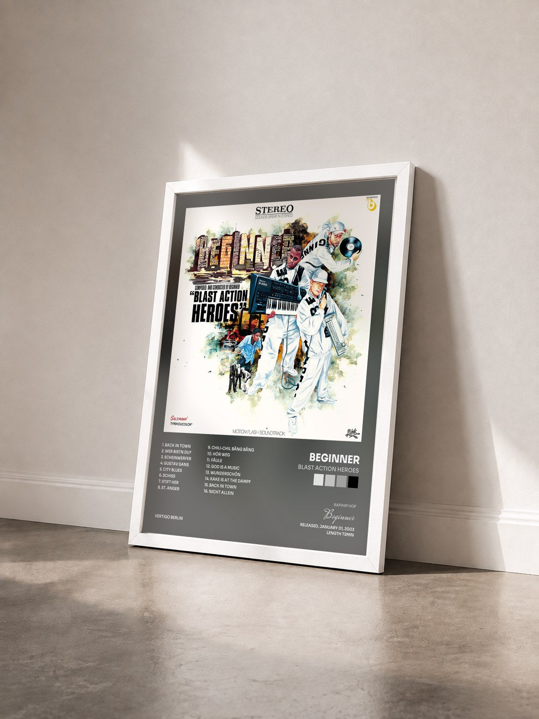 #blanc Tableau de l'album Blast Action Heroes de Beginner vu de trois quarts, cadre blanc