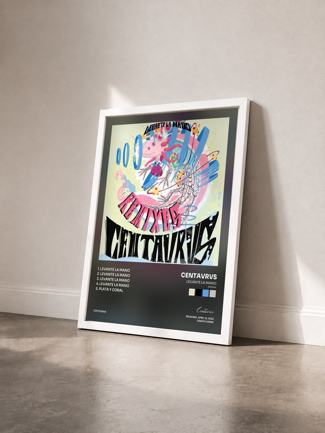 #blanc Tableau de l'album Levante la Mano (Remixes) de Centavrvs vu de trois quarts, cadre blanc
