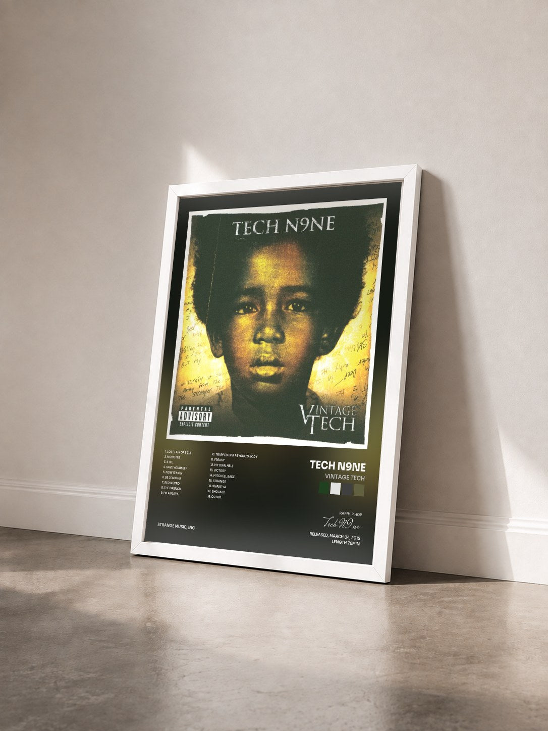 #blanc Tableau de l'album Vintage Tech de Tech N9ne vu de trois quarts, cadre blanc
