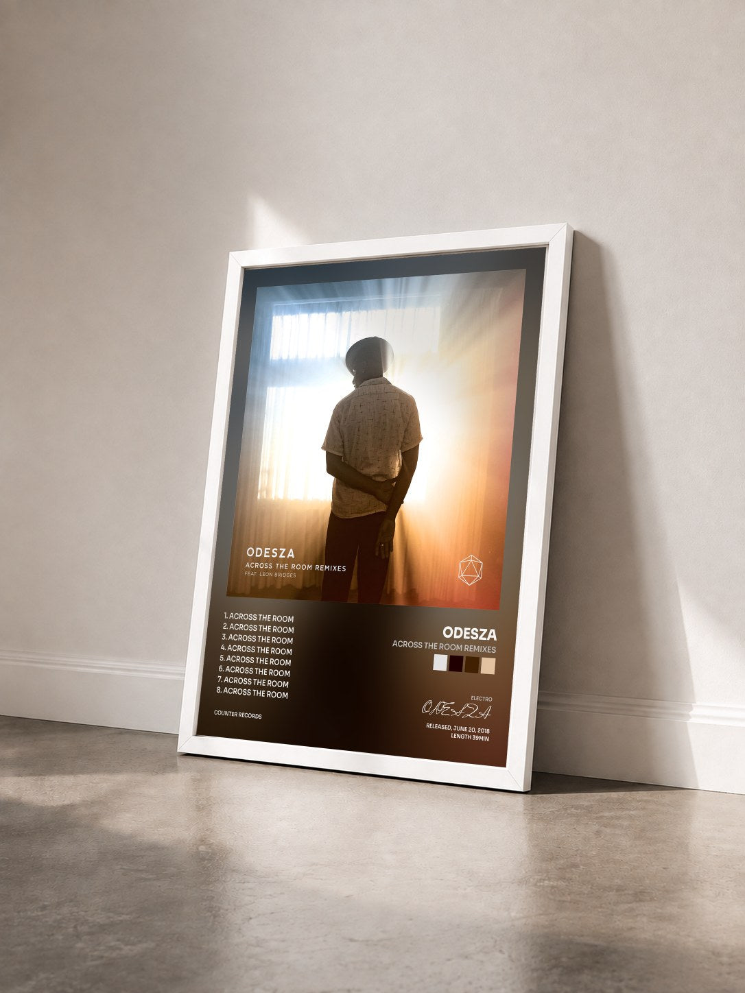 #blanc Tableau de l'album Across The Room Remixes de ODESZA vu de trois quarts, cadre blanc