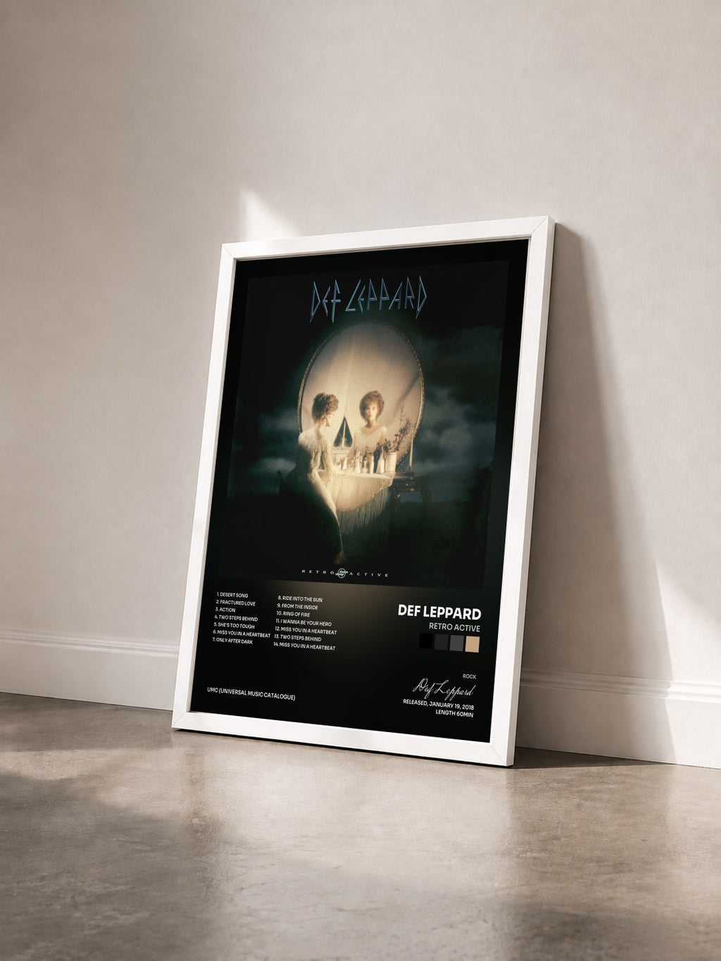 #blanc Tableau de l'album Retro Active de Def Leppard vu de trois quarts, cadre blanc