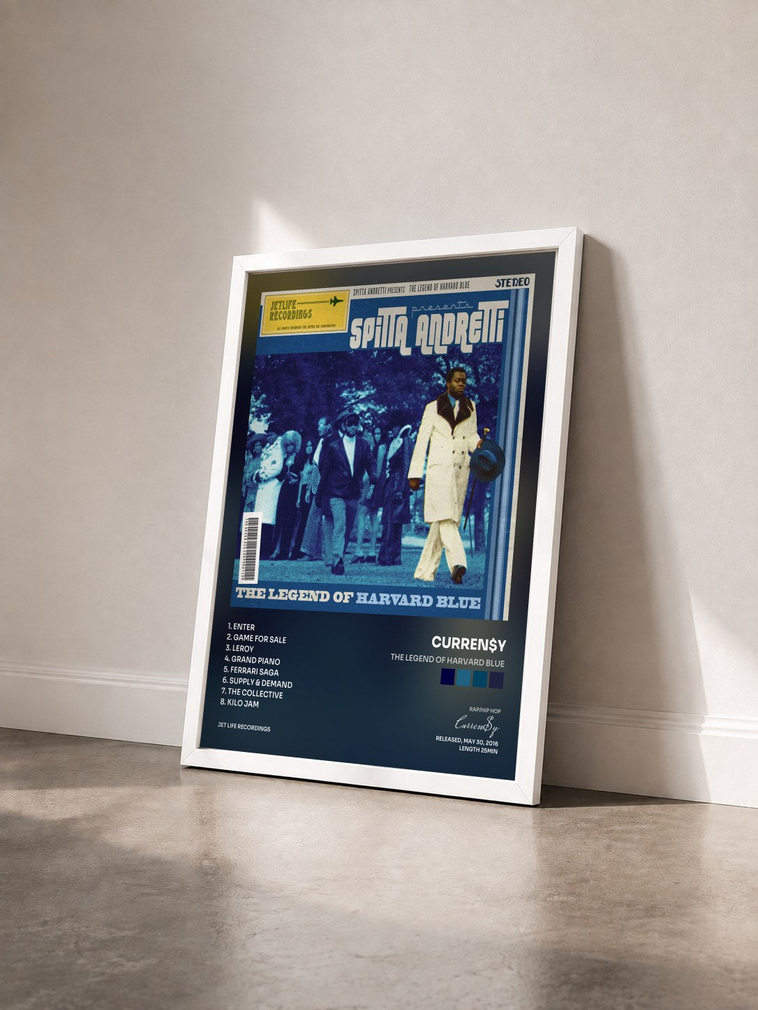 #blanc Tableau de l'album The Legend of Harvard Blue de Curren$y vu de trois quarts, cadre blanc