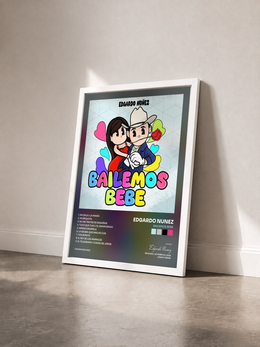#blanc Tableau de l'album Bailemos Bebe de Edgardo Nunez vu de trois quarts, cadre blanc