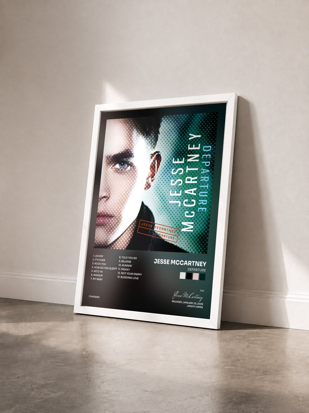 #blanc Tableau de l'album Departure de Jesse McCartney vu de trois quarts, cadre blanc