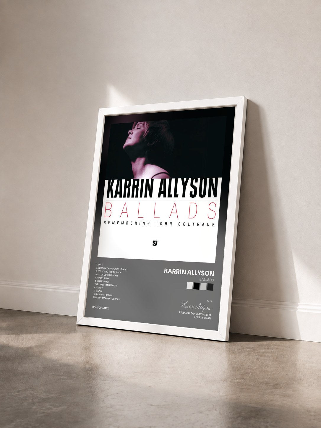 #blanc Tableau de l'album Ballads de Karrin Allyson vu de trois quarts, cadre blanc
