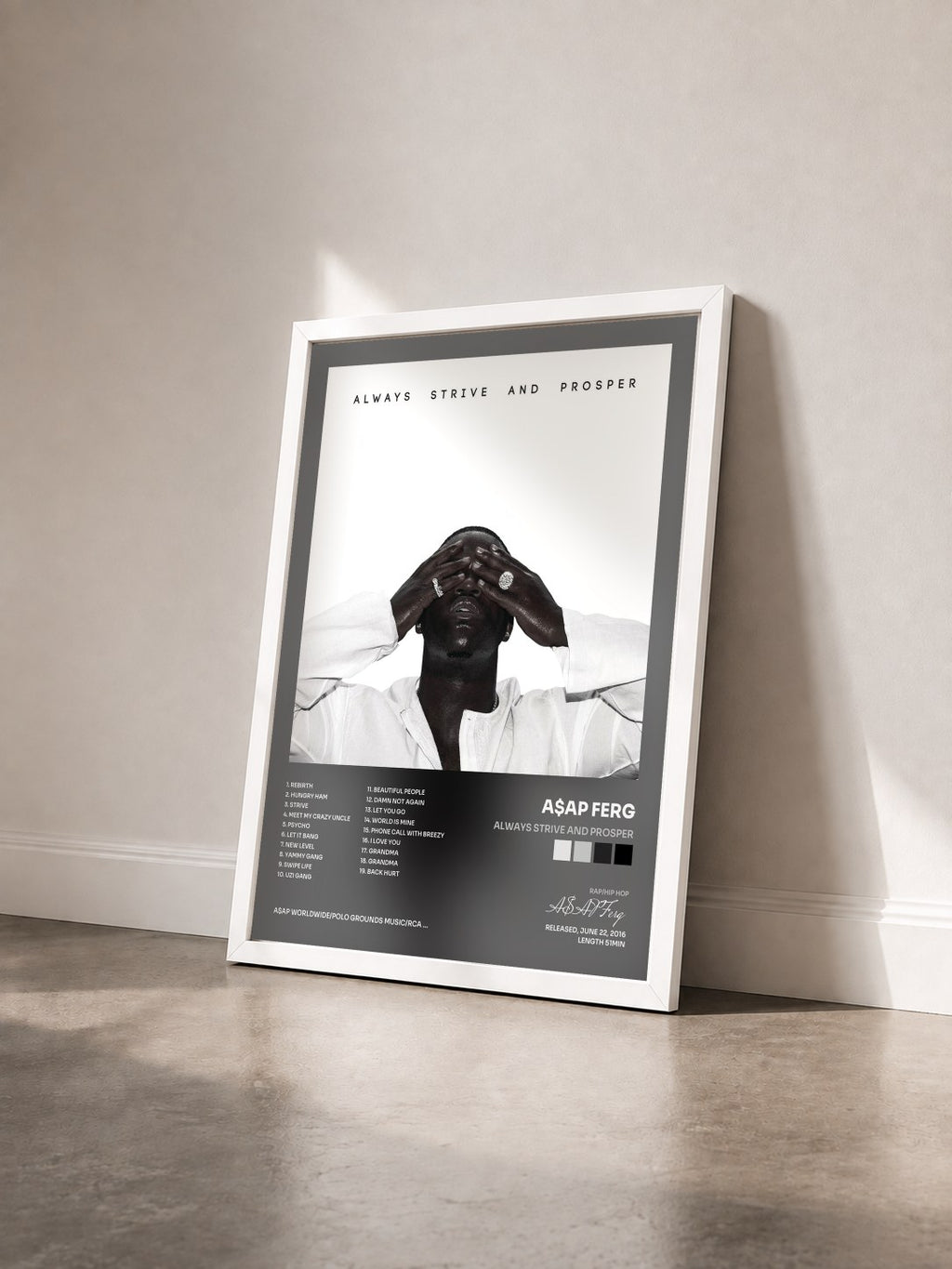 #blanc Tableau de l'album ALWAYS STRIVE AND PROSPER de A$AP Ferg vu de trois quarts, cadre blanc