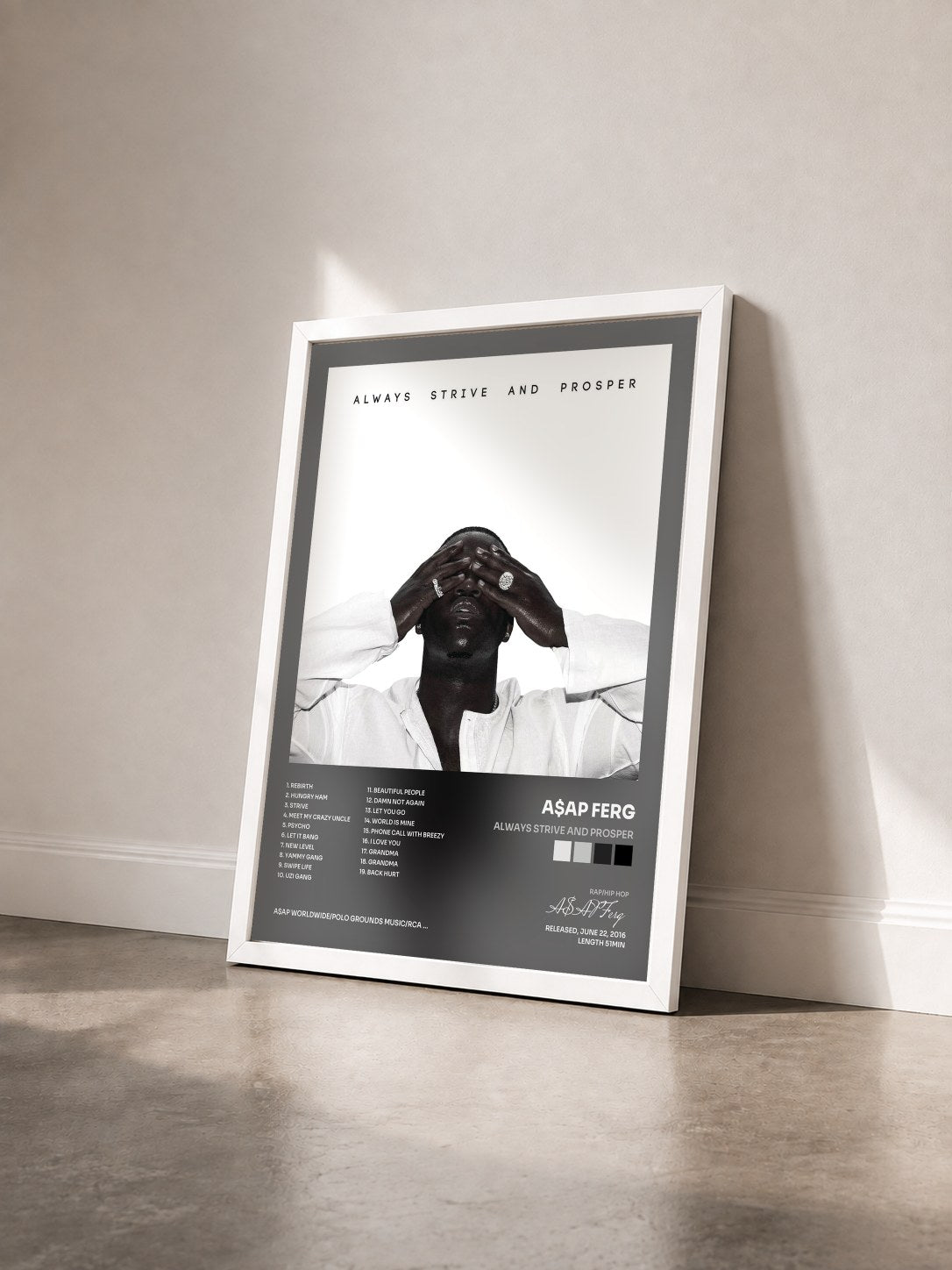 #blanc Tableau de l'album ALWAYS STRIVE AND PROSPER de A$AP Ferg vu de trois quarts, cadre blanc