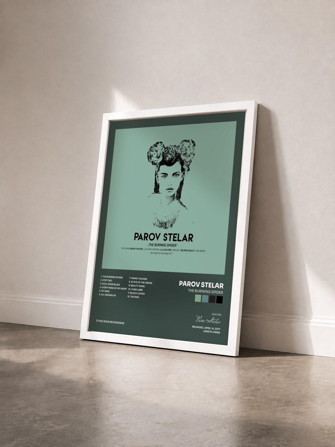 #blanc Tableau de l'album The Burning Spider de Parov Stelar vu de trois quarts, cadre blanc