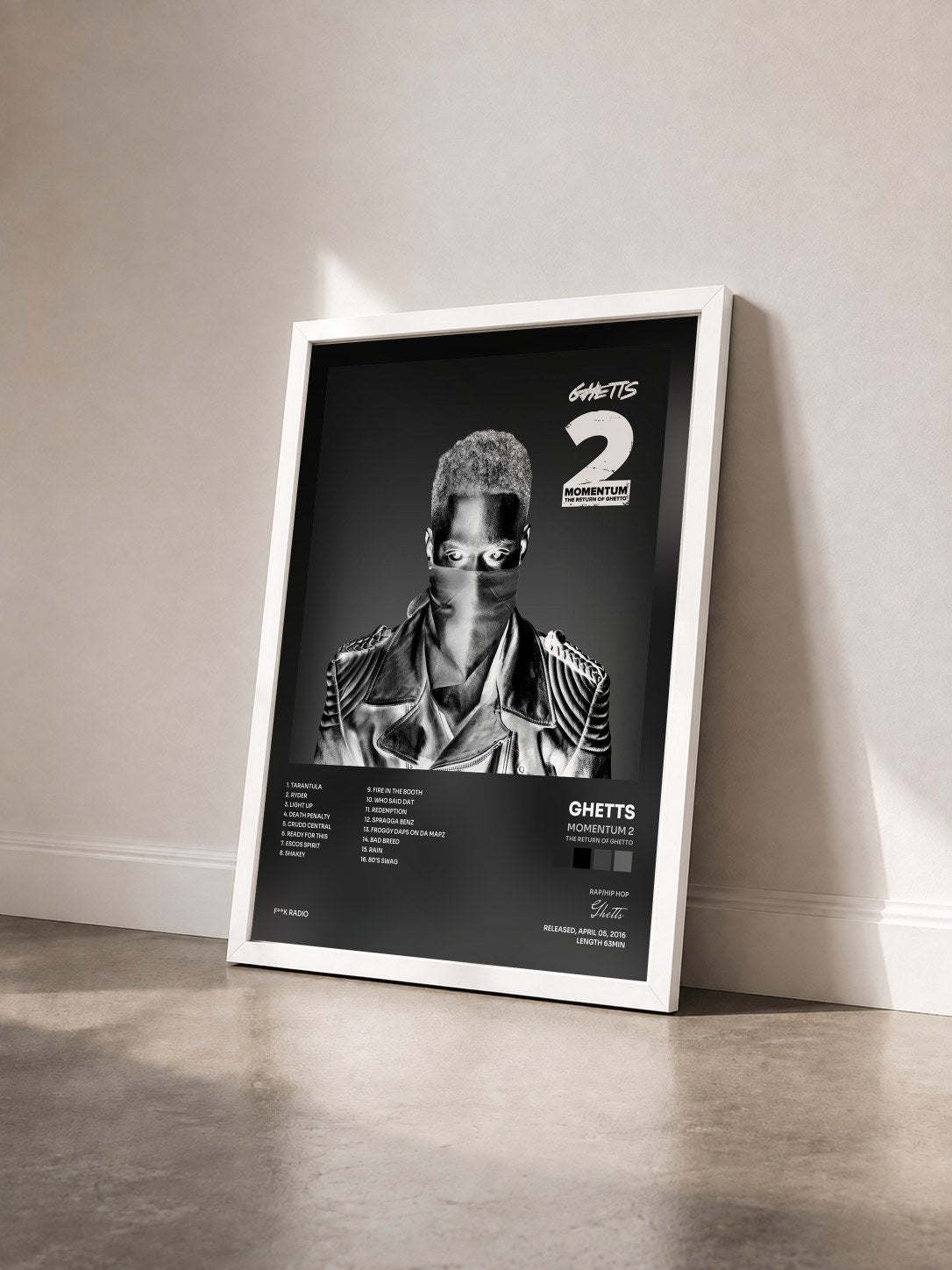 #blanc Tableau de l'album Momentum 2 (The Return of Ghetto) de Ghetts vu de trois quarts, cadre blanc