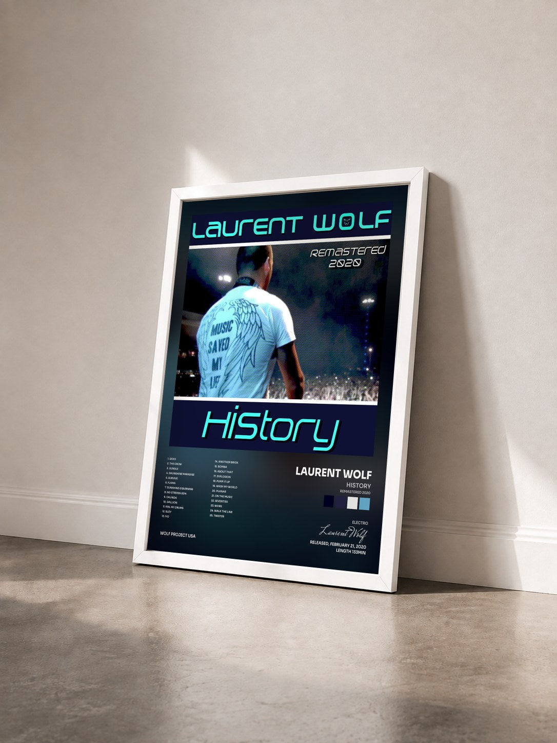 #blanc Tableau de l'album History (Remastered 2020) de Laurent Wolf vu de trois quarts, cadre blanc