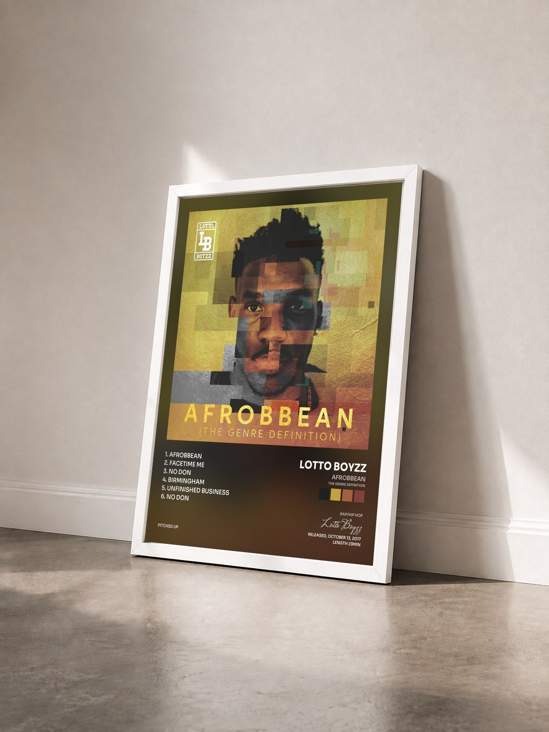 #blanc Tableau de l'album Afrobbean (The Genre Definition) EP de Lotto Boyzz vu de trois quarts, cadre blanc