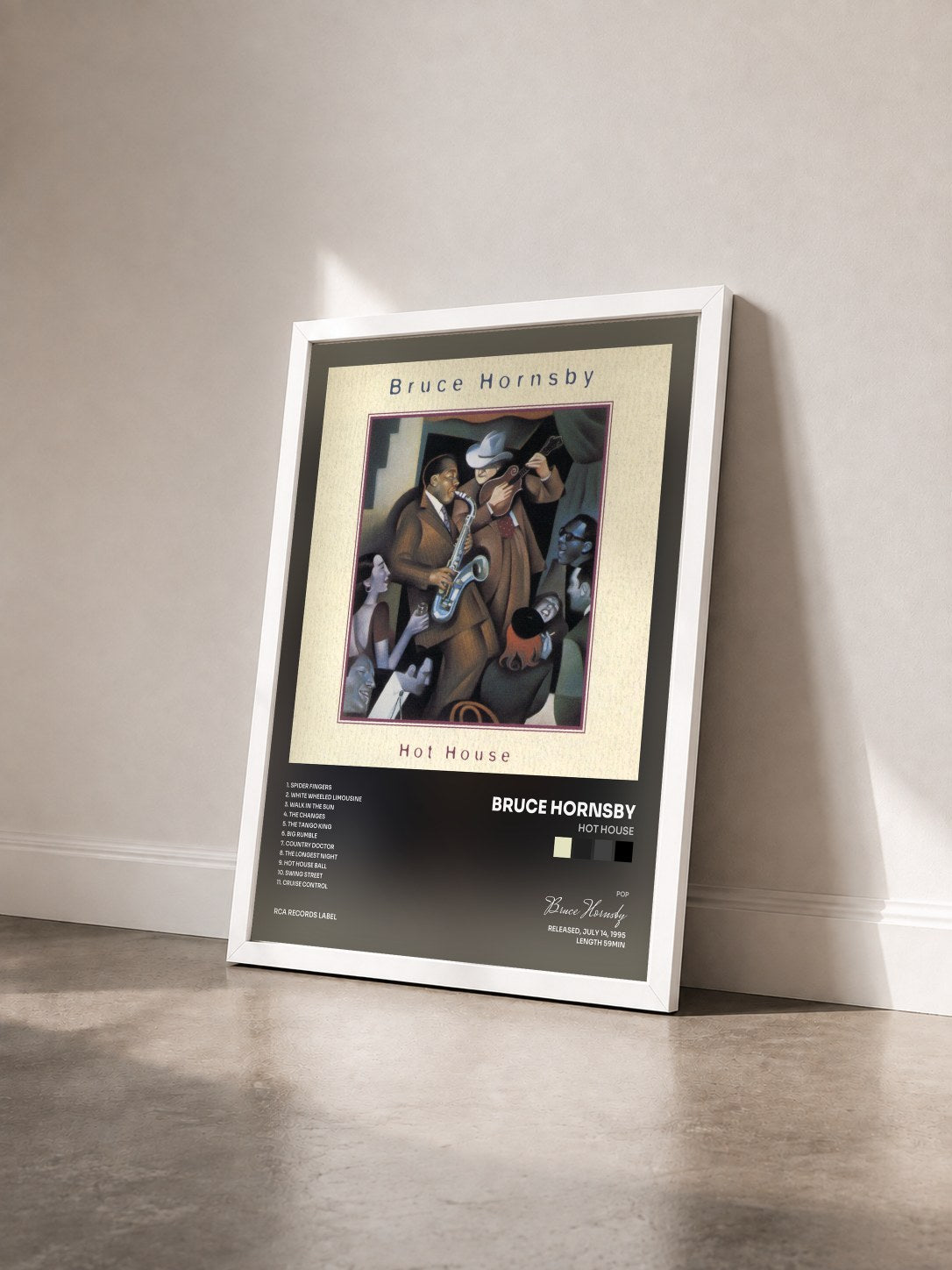 #blanc Tableau de l'album Hot House de Bruce Hornsby vu de trois quarts, cadre blanc