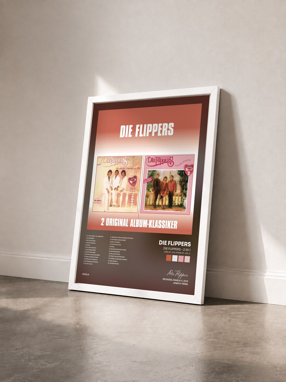 #blanc Tableau de l'album Die Flippers - 2 in 1 (Liebe ist...Vol.1/Liebe ist...Vol. 2) de Die Flippers vu de trois quarts, cadre blanc