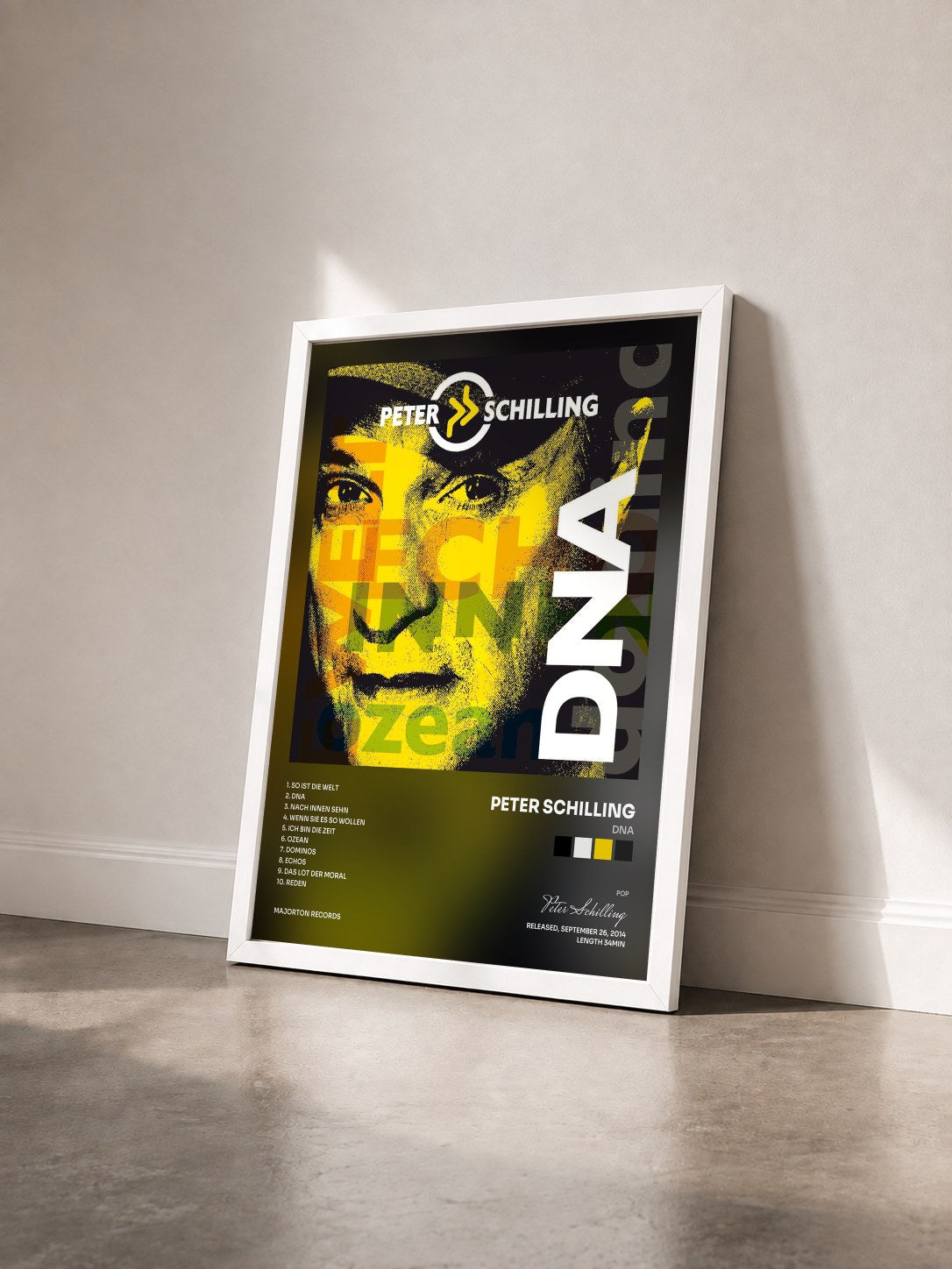 #blanc Tableau de l'album DNA de Peter Schilling vu de trois quarts, cadre blanc