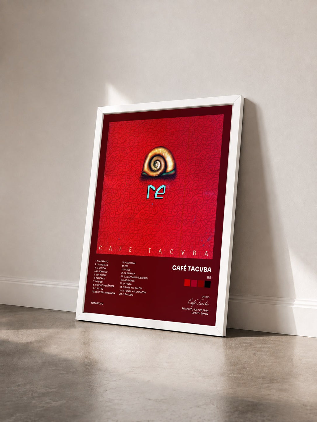 #blanc Re by Café Tacvba as a framed art print seen at an angle, white frame