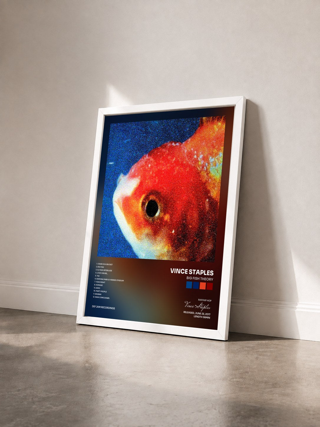 #blanc Tableau de l'album Big Fish Theory de Vince Staples vu de trois quarts, cadre blanc