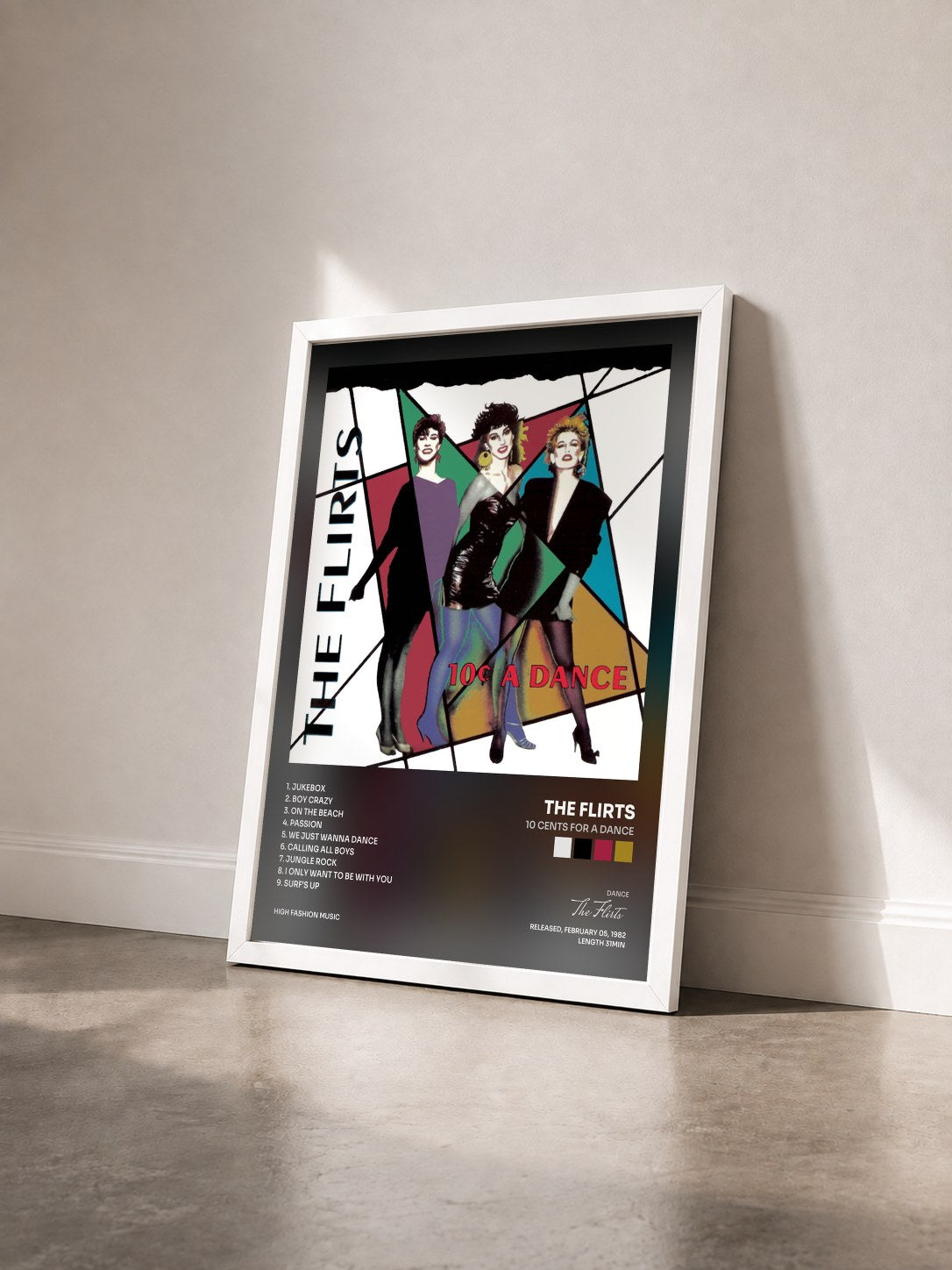 #blanc Tableau de l'album 10 Cents For A Dance de The Flirts vu de trois quarts, cadre blanc