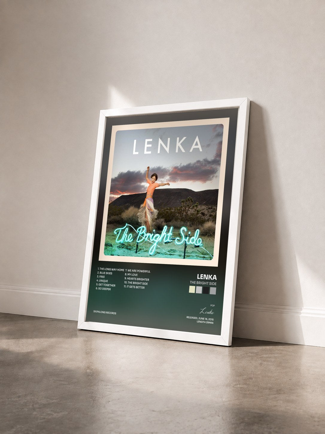 #blanc Tableau de l'album The Bright Side de Lenka vu de trois quarts, cadre blanc