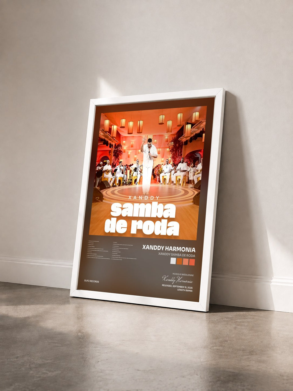 #blanc Xanddy Samba by Roda de Xanddy Harmonia as a framed art print seen at an angle, white frame