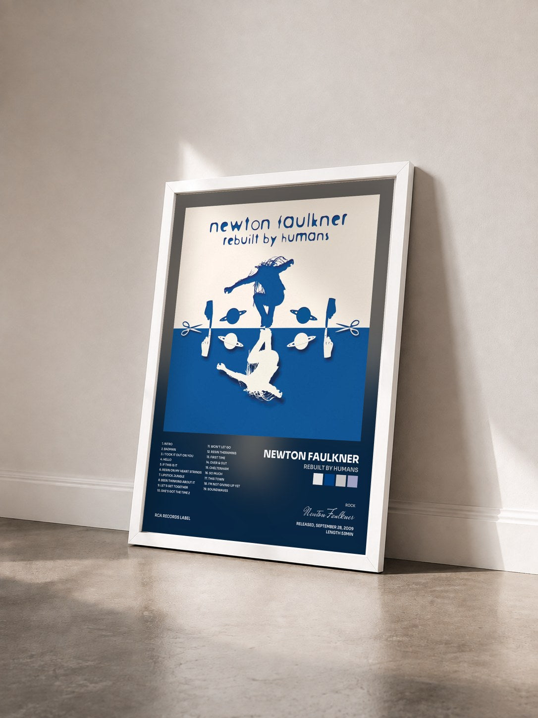 #blanc Tableau de l'album Rebuilt By Humans de Newton Faulkner vu de trois quarts, cadre blanc