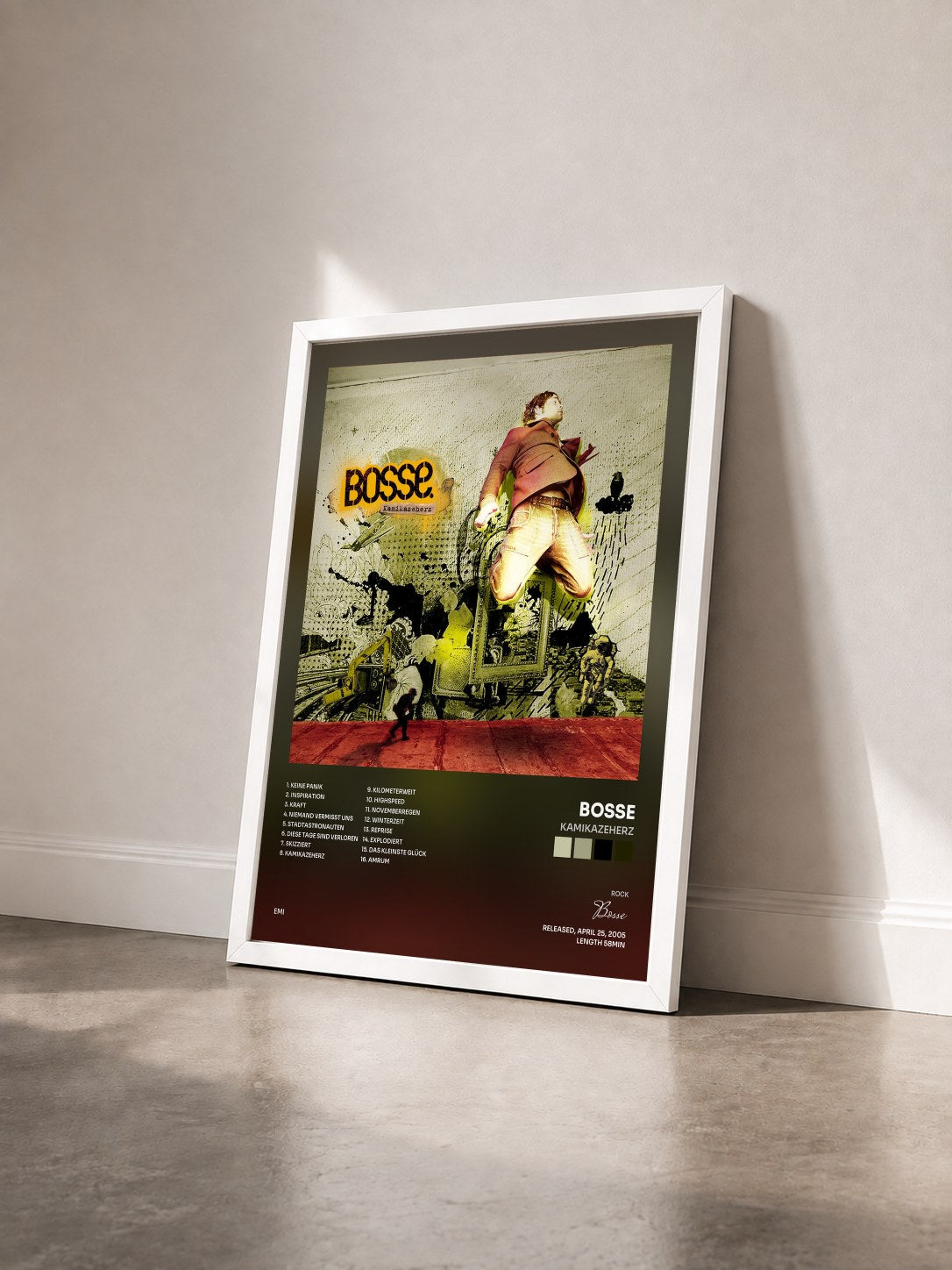#blanc Tableau de l'album Kamikazeherz de Bosse vu de trois quarts, cadre blanc