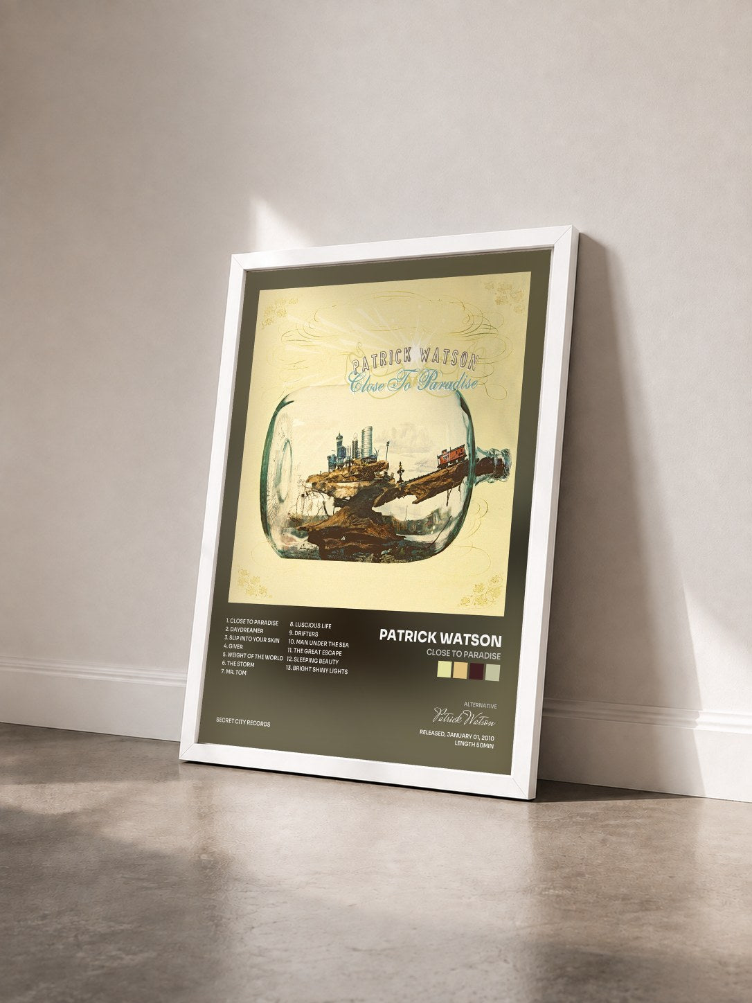 #blanc Tableau de l'album Close to Paradise de Patrick Watson vu de trois quarts, cadre blanc