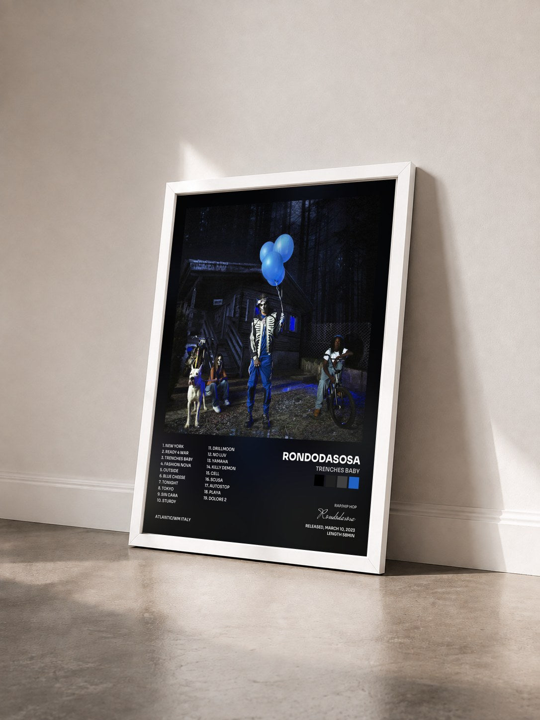 #blanc Tableau de l'album TRENCHES BABY de Rondodasosa vu de trois quarts, cadre blanc
