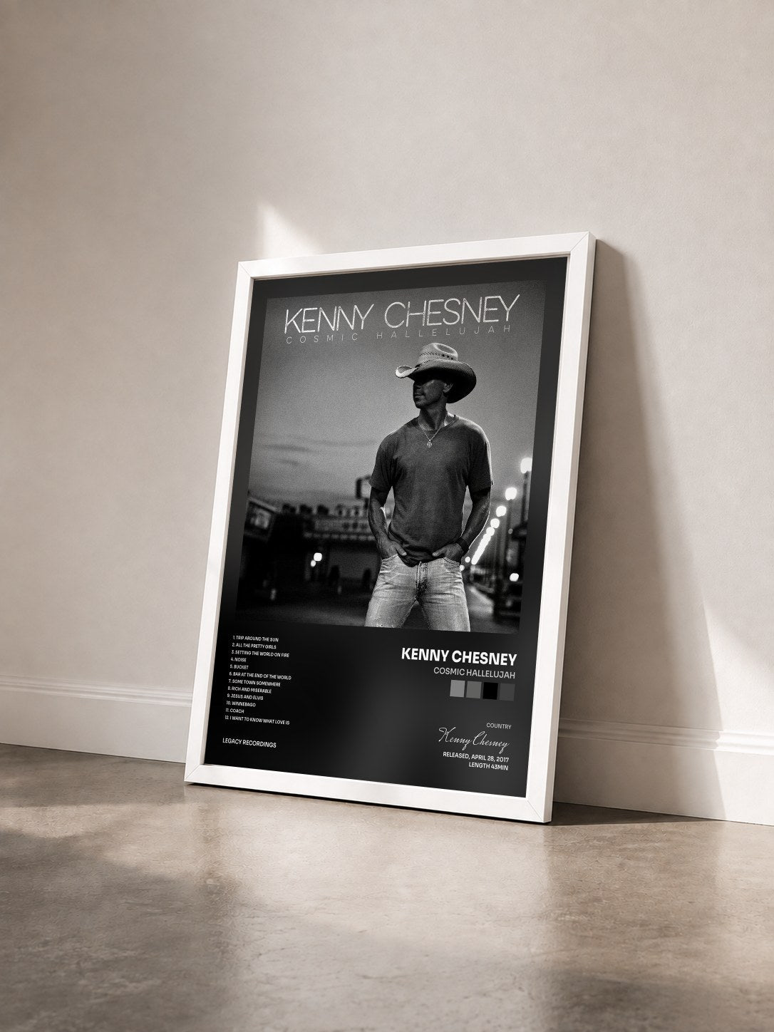 #blanc Tableau de l'album Cosmic Hallelujah de Kenny Chesney vu de trois quarts, cadre blanc