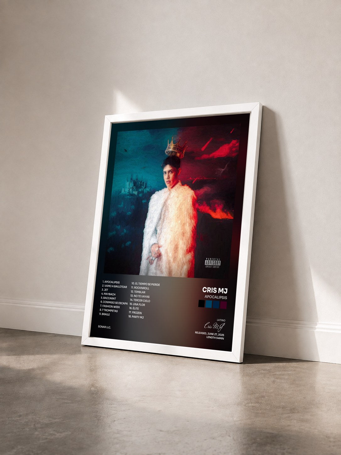 #blanc Tableau de l'album Apocalipsis de Cris MJ vu de trois quarts, cadre blanc